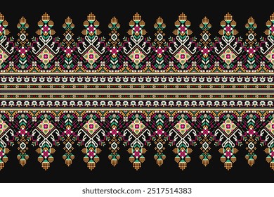 Floral Cross Stitch design pattern on black background.geometric ethnic oriental embroidery traditional.Aztec style,abstract background vector illustration.design for texture,fabric,clothing,print
