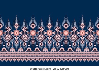 Patrón de diseño de puntada cruzada floral sobre fondo azul marino. Bordado oriental étnico geométrico tradicional. Estilo azteca, Ilustración vectorial de fondo abstracto. diseño para textura, tela, ropa, impresión
