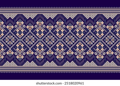 Patrón de diseño de punto de cruz floral en el fondo púrpura. Bordado oriental étnico geométrico tradicional. Estilo azteca, Ilustración vectorial de fondo abstracto. diseño para textura, tela, ropa, impresión.