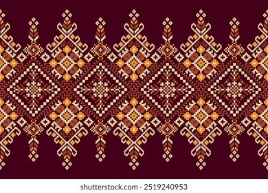 Floral Cross Stitch design pattern on purple background.geometric ethnic oriental embroidery traditional.Aztec style,abstract background vector illustration.design for texture,fabric,clothing,print.