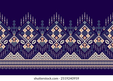 Floral Cross Stitch design pattern on purple background.geometric ethnic oriental embroidery traditional.Aztec style,abstract background vector illustration.design for texture,fabric,clothing,print.