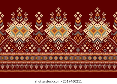 Floral Cross Stitch design pattern on brown background.geometric ethnic oriental embroidery traditional.Aztec style,abstract background vector illustration.design for texture,fabric,clothing,print.