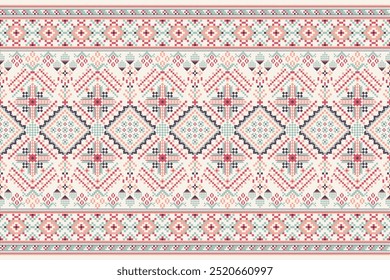 Floral Cross Stitch design pattern on white background.geometric ethnic oriental embroidery traditional.Aztec style,abstract background vector illustration.design for texture,fabric,clothing,print.