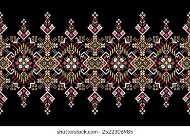 Floral Cross Stitch design pattern on black background.geometric ethnic oriental embroidery traditional.Aztec style,abstract background vector illustration.design for texture,fabric,clothing,print.