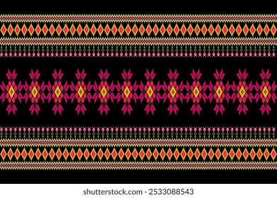 Floral Cross Stitch design pattern on black background.geometric ethnic oriental embroidery traditional.Aztec style,abstract background vector illustration.design for texture,fabric,clothing,print.