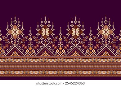 Floral Cross Stitch design pattern on purple background.geometric ethnic oriental embroidery traditional.Aztec style,abstract background vector illustration.design for texture,fabric,clothing,print.