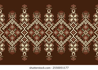 Floral Cross Stitch design pattern on brown background.geometric ethnic oriental embroidery traditional.Aztec style,abstract background vector illustration.design for texture,fabric,clothing,print.