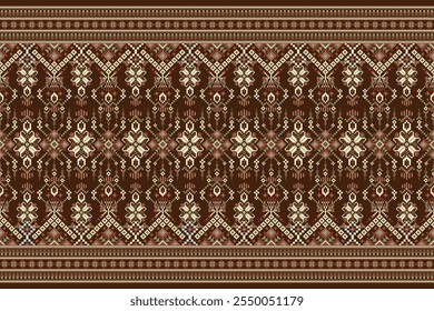 Floral Cross Stitch design pattern on brown background.geometric ethnic oriental embroidery traditional.Aztec style,abstract background vector illustration.design for texture,fabric,clothing,print.