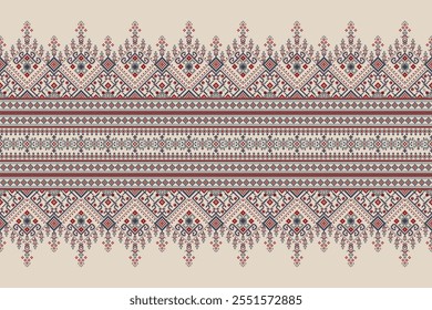 Floral Cross Stitch design pattern on brown background.geometric ethnic oriental embroidery traditional.Aztec style,abstract background vector illustration.design for texture,fabric,clothing,print.