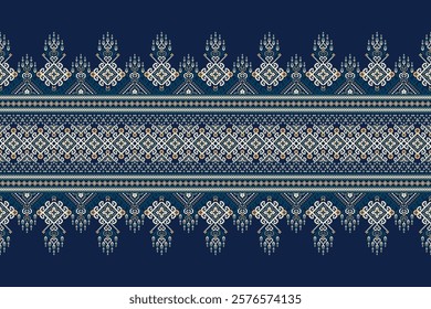 Floral Cross Stitch design pattern on navy blue background.geometric ethnic oriental embroidery traditional.Aztec style,abstract background vector illustration.design for texture,fabric,clothing,print