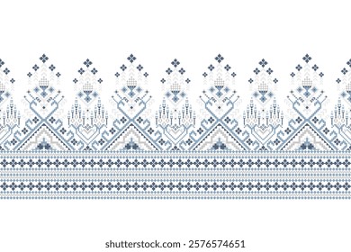 Floral Cross Stitch design pattern on white background.geometric ethnic oriental embroidery traditional.Aztec style,abstract background vector illustration.design for texture,fabric,clothing,print.