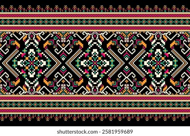 Floral Cross Stitch design pattern on black background.geometric ethnic oriental embroidery traditional.Aztec style,abstract background vector illustration.design for texture,fabric,clothing,print.