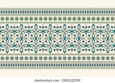 Floral Cross Stitch design pattern on white background.geometric ethnic oriental embroidery traditional.Aztec style,abstract background vector illustration.design for texture,fabric,clothing,print.