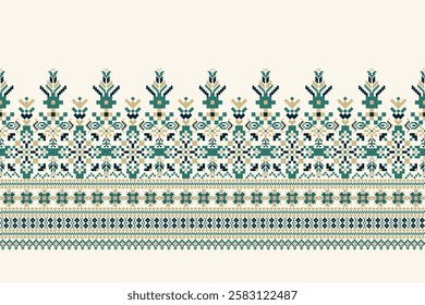 Floral Cross Stitch design pattern on white background.geometric ethnic oriental embroidery traditional.Aztec style,abstract background vector illustration.design for texture,fabric,clothing,print.