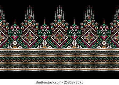 Floral Cross Stitch design pattern on black background.geometric ethnic oriental embroidery traditional.Aztec style,abstract background vector illustration.design for texture,fabric,clothing,print.