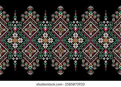 Floral Cross Stitch design pattern on black background.geometric ethnic oriental embroidery traditional.Aztec style,abstract background vector illustration.design for texture,fabric,clothing,print.