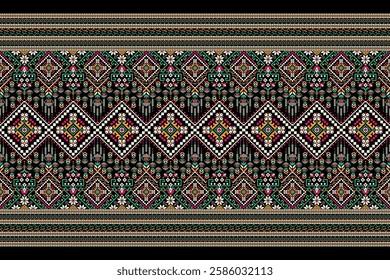 Floral Cross Stitch design pattern on black background.geometric ethnic oriental embroidery traditional.Aztec style,abstract background vector illustration.design for texture,fabric,clothing,print.