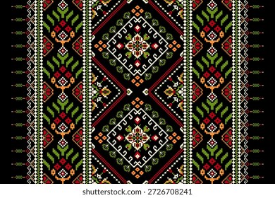 Patrón de diseño de punto de cruz floral sobre fondo negro Ilustración vectorial. punto de cruz patrón oriental étnico tradicional. Fondo abstracto de estilo azteca. diseño para textura, tela, ropa, bufanda, alfombra