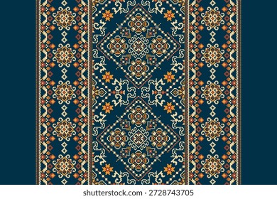 Patrón de diseño de puntada cruzada floral sobre fondo azul marino. Bordado oriental étnico geométrico tradicional. Estilo azteca, Ilustración vectorial de fondo abstracto. diseño para textura, tela, ropa, impresión
