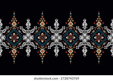 Floral Cross Stitch design pattern on black background.geometric ethnic oriental embroidery traditional.Aztec style,abstract background vector illustration.design for texture,fabric,clothing,print,scarf.
