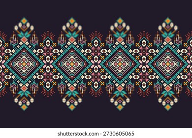 Patrón de diseño de puntada cruzada floral sobre fondo negro. Bordado étnico oriental geométrico tradicional. Estilo azteca, Ilustración vectorial de fondo abstracto. diseño para textura, tela, ropa, impresión