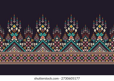 Blumenkreuz Stich-Design-Muster auf schwarzem Hintergrund.geometrische ethnische orientalische Stickerei traditionellen.Aztec Stil,abstrakte Hintergrund Vektorgrafik.Design für Textur,Stoff,Kleidung,Druck