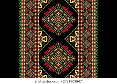 Patrón de diseño de punto de cruz floral sobre fondo negro. Ilustración vectorial de punto de cruz patrón oriental étnico tradicional. Fondo abstracto de estilo azteca. Diseño para textura, tela, ropa, bufanda, alfombra.