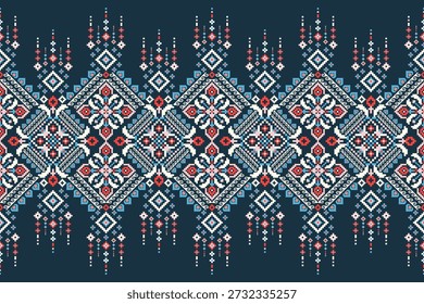 Padrão de design de ponto de cruz floral no azul marinho vetor de fundo ilustração.ponto de cruz padrão étnico oriental tradicional.estilo asteca abstrato background.design para textura,tecido,roupas,cachecol,tapete