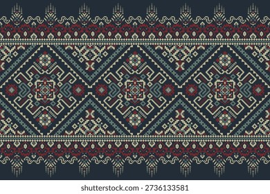 Floral Cross Stitch design pattern on navy blue background.geometric ethnic oriental embroidery traditional.Aztec style,abstract background vector illustration.design for texture,fabric,clothing,print,rug.