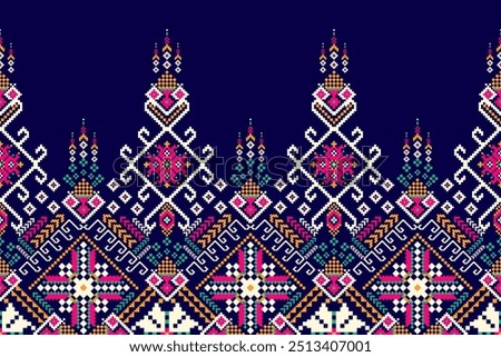 Floral Cross Stitch design pattern on navy blue background.geometric ethnic oriental embroidery traditional.Aztec style,abstract background vector illustration.design for texture,fabric,clothing,print.