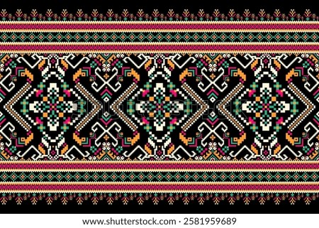 Floral Cross Stitch design pattern on black background.geometric ethnic oriental embroidery traditional.Aztec style,abstract background vector illustration.design for texture,fabric,clothing,print.
