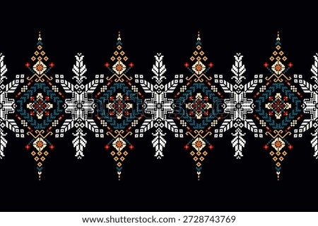 Floral Cross Stitch design pattern on black background.geometric ethnic oriental embroidery traditional.Aztec style,abstract background vector illustration.design for texture,fabric,clothing,print,scarf