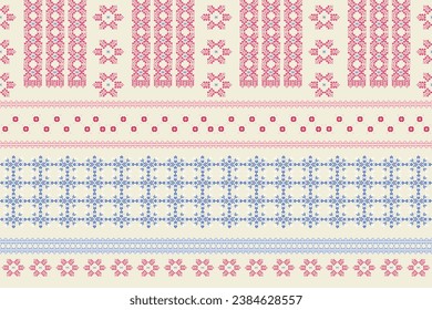 Floral cross stitch embroidered ,pink floral on white background,oriental  traditional,Hmong tribes inspiration,design for costume clothing ,wrapping ,textile,fabric,decoration.
