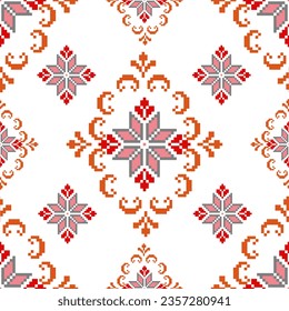 Floral Cross Stitch Embroidery on white background.geometric ethnic oriental seamless pattern traditional.Aztec style abstract vector illustration.design for texture,fabric,clothing,wrapping,sarong.