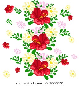 Floral Cross Stitch Embroidery on white background.geometric ethnic oriental seamless pattern traditional.Aztec style abstract vector illustration.design for texture,fabric,clothing,wrapping,sarong.