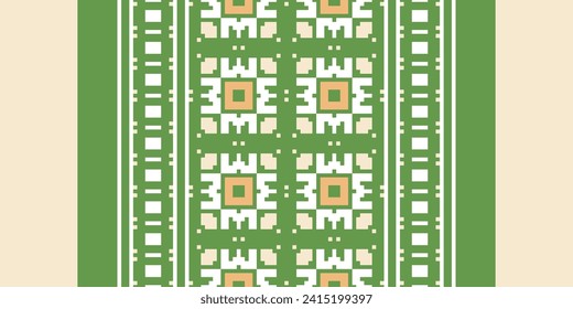 Floral Cross Stitch Embroidery on green background.geometric ethnic oriental pattern traditional.Aztec style abstract vector illustration.design for texture,fabric,clothing,wrapping,decoration,sarong.