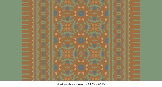 Floral Cross Stitch Embroidery on green background.geometric ethnic oriental pattern traditional.Aztec style abstract vector illustration.design for texture,fabric,clothing,wrapping,decoration,sarong.