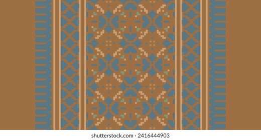 Floral Cross Stitch Embroidery on green background.geometric ethnic oriental pattern traditional.Aztec style abstract vector illustration.design for texture,fabric,clothing,wrapping,decoration,sarong.