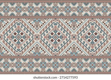 Patrón de punto de cruz floral sobre fondo gris, patrón oriental étnico geométrico tradicional, Ilustración vectorial, fondo abstracto, estilo azteca. diseño para textura, tela, ropa, decoración, impresión.