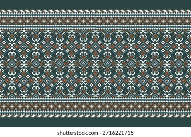 Padrão de ponto cruzado floral em fundo verde escuro.ilustração vetorial padrão étnico geométrico floral,bordado de ponto cruzado tradicional,background.design abstrato para textura,tecido,roupas,decoração,tapete.