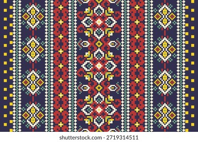 Floral cross stitch pattern on navy blue background.Geometric cross stitch pattern,vector illustration,abstract background,Aztec style,flower cross stitch embroidery.design for texture,fabric,clothing,decoration,scarf,print.