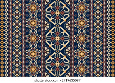 Floral cross stitch pattern on danim background.Geometric cross stitch pattern,vector illustration,abstract background,Aztec style,flower cross stitch embroidery.design for texture,fabric,clothing,decoration,scarf,print,trousers.