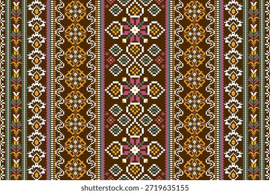 Floral cross stitch pattern on brown background.Geometric cross stitch pattern,vector illustration,abstract background,Aztec style,flower cross stitch embroidery.design for texture,fabric,clothing,decoration,scarf,print,trousers.