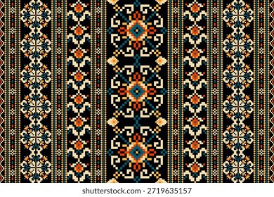 Floral cross stitch pattern on black background.Geometric cross stitch pattern,vector illustration,abstract background,Aztec style,flower cross stitch embroidery.design for texture,fabric,clothing,decoration,scarf,print,trousers.