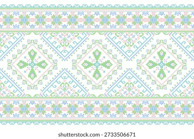 Floral cross stitch pattern on white background,vector illustration,geometric ethnic oriental pattern traditional,Aztec style,abstract background.design for texture,fabric,clothing,decoration,scarf