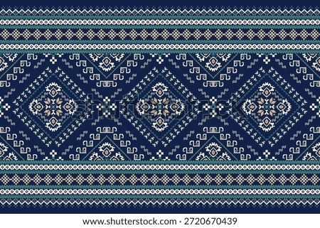 Floral cross stitch pattern on navy blue background.Geometric cross stitch pattern,vector illustration,abstract background,Aztec style,flower cross stitch embroidery.design for texture,fabric,clothing,decoration,scarf,print.