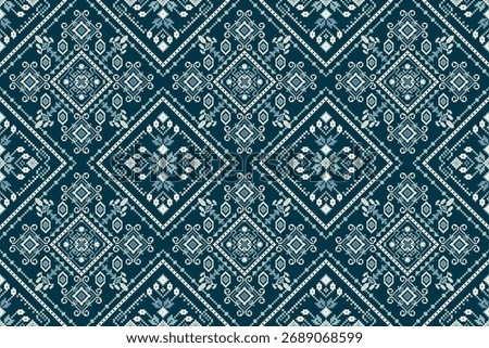 Floral cross stitch seamless pattern on indigo background.Geometric ethnic seamless pattern,vector illustration,Aztec style,abstract background.design for texture,fabric,clothing,decoration,print,tile.