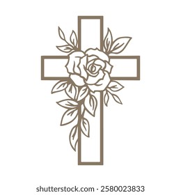 Floral cross symbol. Christian cross sign with a rose flower. Vector illustration