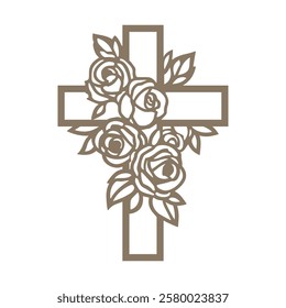 Floral cross symbol. Christian cross sign with rose flowers. Vector illustration