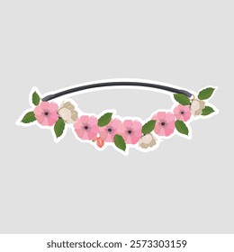 Floral Crown Sticker. Charming vector illustration of a floral crown with pink flowers and green leaves, perfect for decorative purposes and craft projects